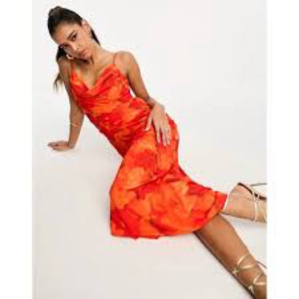 ASOS Orange Slip Midi Dress Spaghetti Strap Cowl Neck